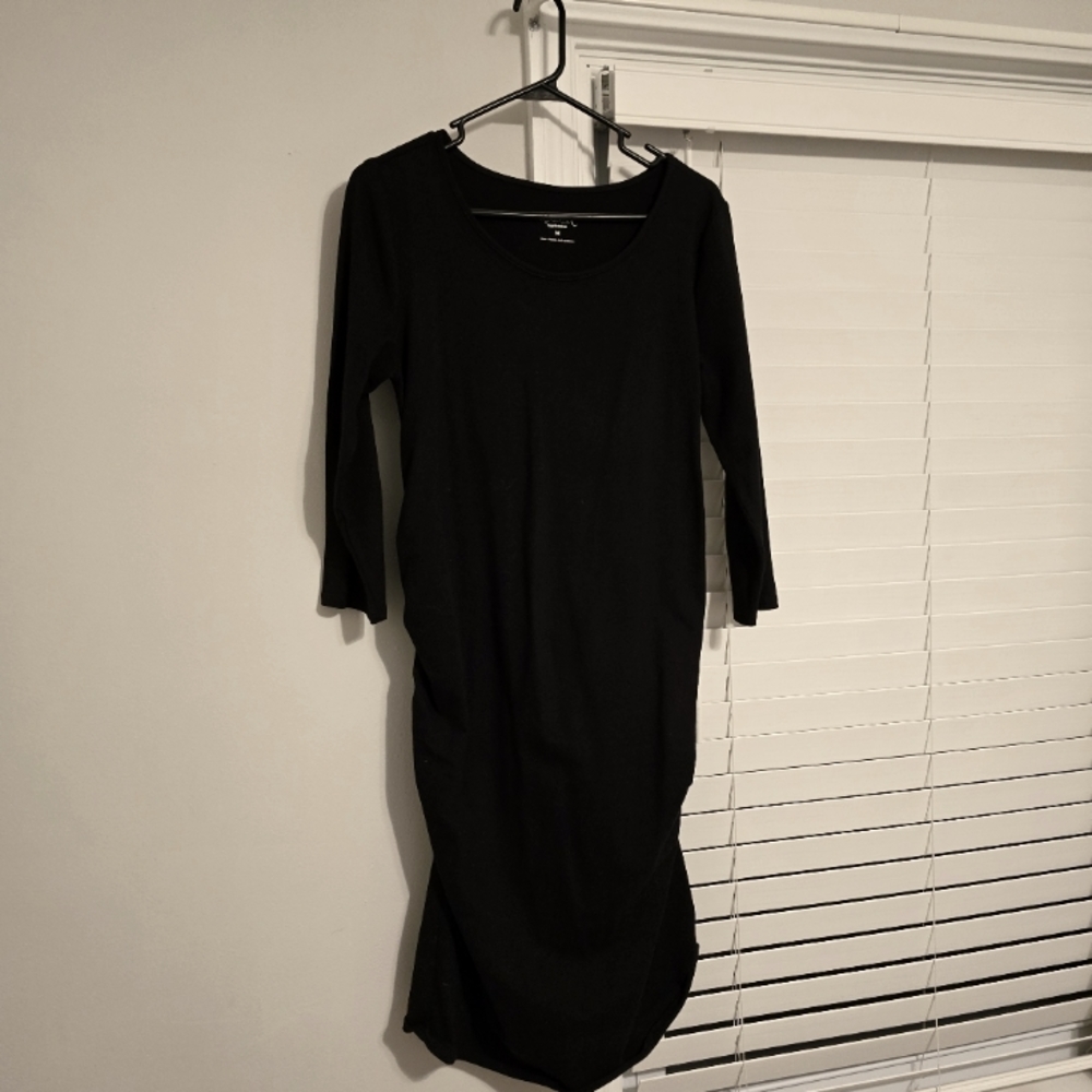 Ingrid + Isabel Maternity Black Dress Bodycon LongSleeve Ruched Round Neck SizeM
